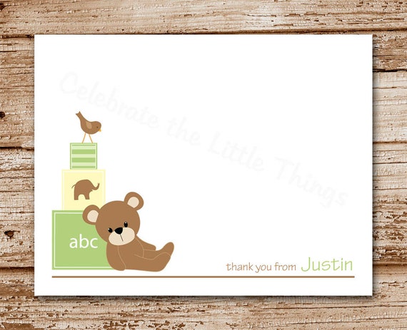 Set of 8 Baby Boy Thank You Cards - Teddy Bear Blocks Note Cards - Personalized Stationery - Green & Yellow - Blank Cards Il_570xn