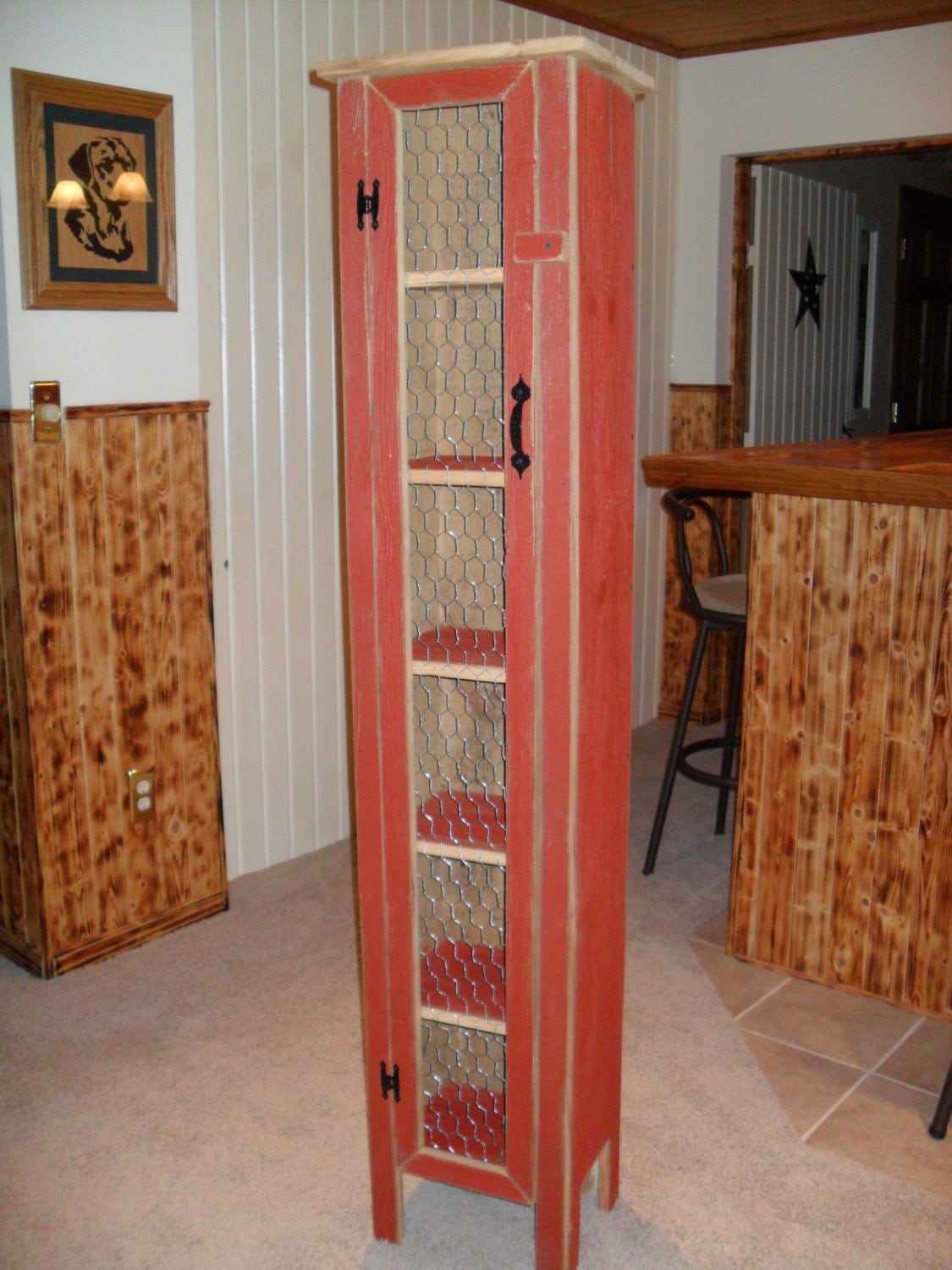 Rustic Red Chicken Wire Door Cabinet