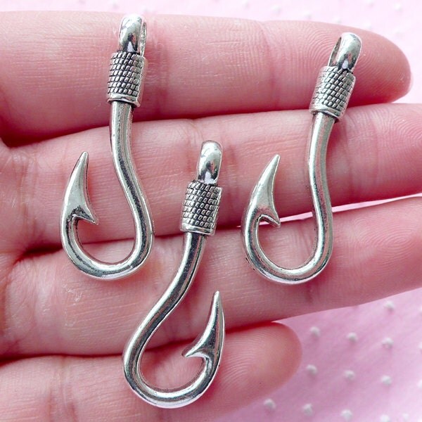 Fishing Charm Fish Hook Charms 3pcs / 13mm x by MiniatureSweet