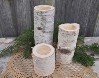 3 WHITE BIRCH Wood Candle Holders - Simple Natural Wedding Decor - The Flower Patch