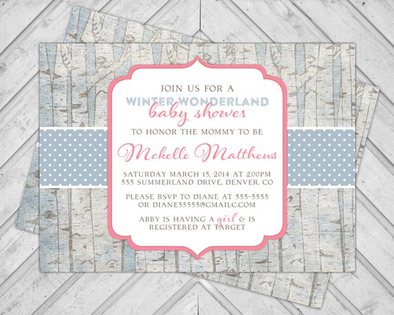 Rustic baby shower invite baby girl winter wonderland invitation - birch trees - blue and pink - printable (701) Il_570xn