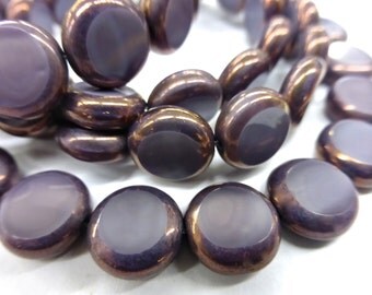 NEW COLOR 15 Czech Glass Flat Round Disc in Opaque Purple Silk with Copper Bronze Edges Size 11mm