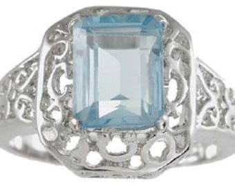 Bague En Topaze Bleue Biseautée - Argent Massif 925, Taille 59, Création Française
