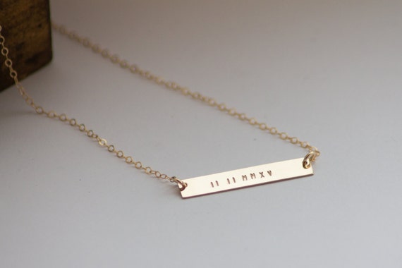 Roman Numeral Date Gold Bar Necklace Hand Stamped Jewelry