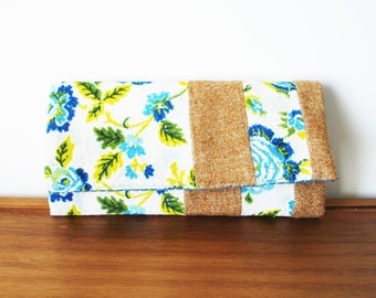 Blue and Olive Floral Linen and Camel Wool Trifold Clutch Wallet