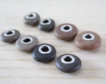 Sterling Silver, Riveted Beach Stones, Rare Jewelry Supplies, Beach stone, Pebble, lined bead, river stone, sterling silver, unique