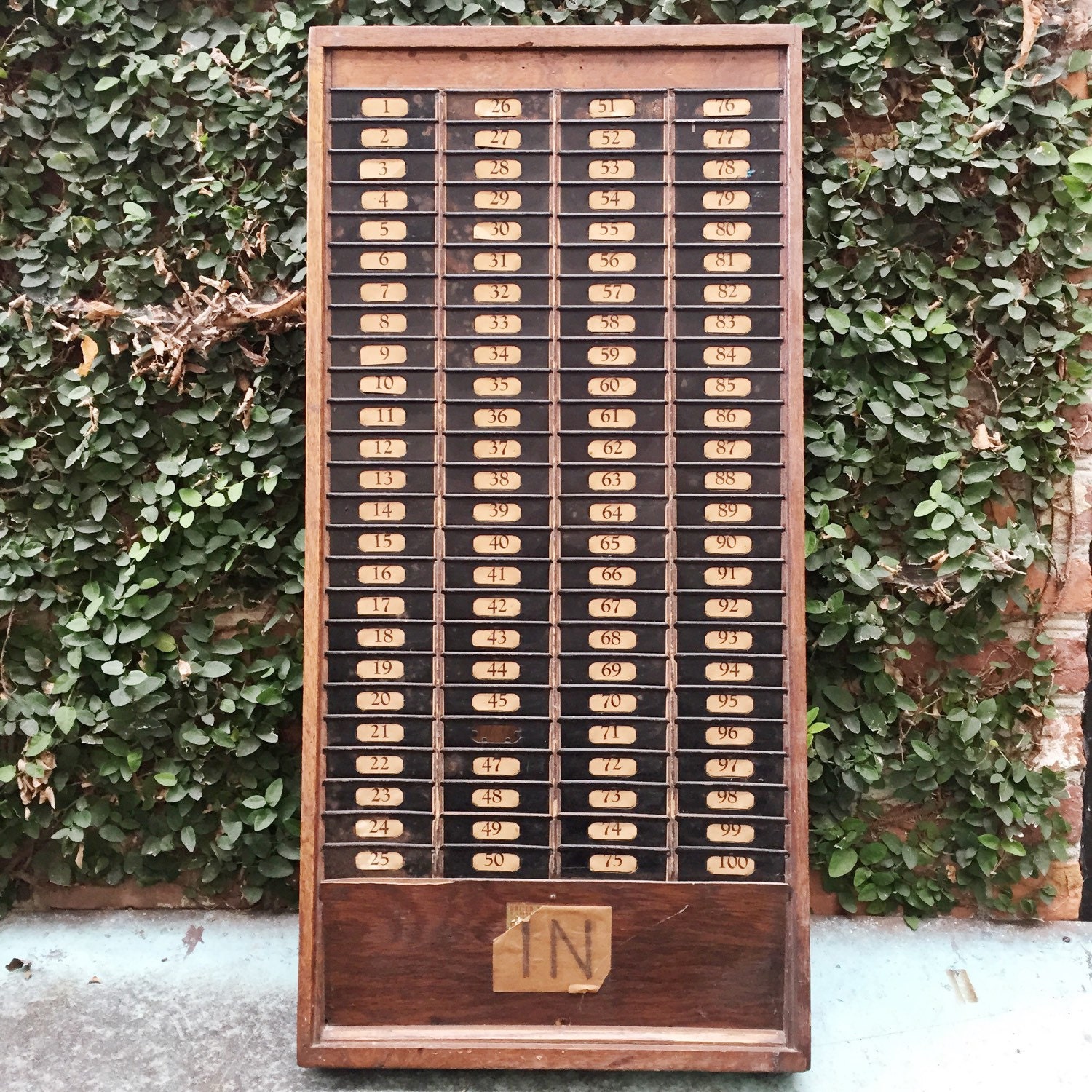 Antique Oak Time Card Rack with 100 Slots