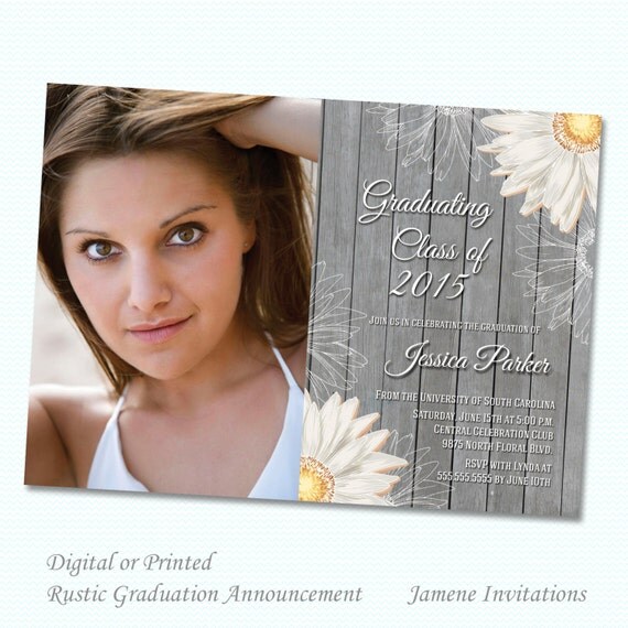 Graduation Photo Party Invitation or Announcement - Rustic White Daisy / Sunflower Printed or Digital File Il_570xn