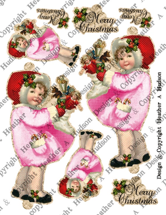 Pink Victorian Vintage  Holly Girl Christmas Angel tags Candy cane Ornament  Digital Collage sheet Printable