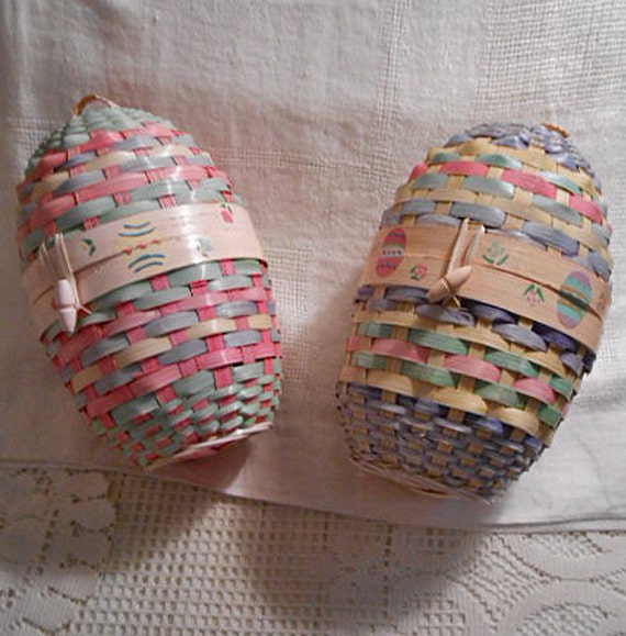 2 Large Woven Wicker EASTER EGG BASKETS Pink Blue Pastel