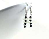 Black and White Upcycled Dangle Button Earrings with Pearl Seed Beads Everyday Jewelry