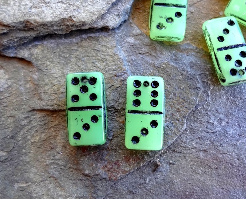 Domino Beads 7x14mm Czech Pressed Glass Opaline Green Black