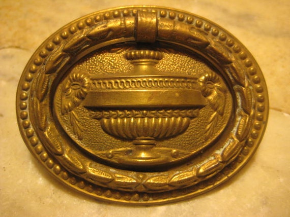 Vintage Oval Drawer Pull Grecian Urn Design Stamped Brass