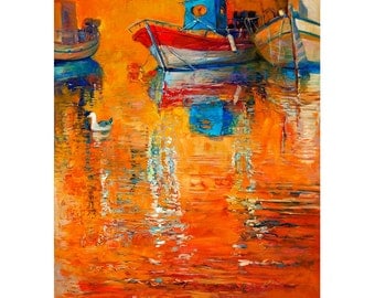Original Oil Painting on Canvas-Orange reflections 24x31 Original Seascape Impressionistic by Ivailo Nikolov