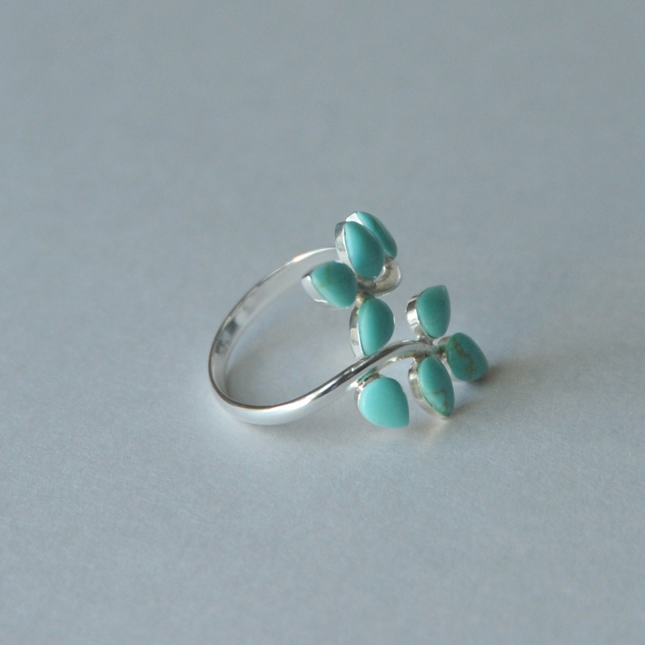 Turquoise Leaf Ring Sterling Silver Adjustable Size