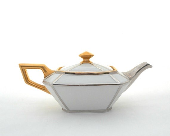 Antique Porcelain Teapot Art Deco Gold Platinum Silver on