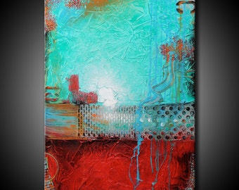 24x36 Textured Abstract Painting Urban Modern ORIGINAL Teal & Red Canvas Fine Art by Maria Farias