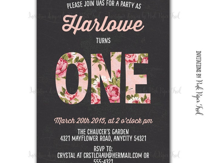 Shabby Chic Floral and Chalkboard Style Invitation v2 - Customizable Wordings - Printable - Wedding - Bridal Shower - Baby Shower