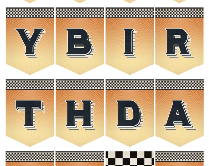 Vintage Retro Race Car Happy Birthday Banner, Bunting, Pennant, Print your own, DIY, Instant Download