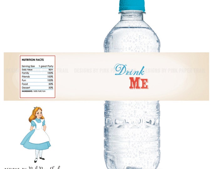 Alice in Wonderland Printable Water Bottle Label, Drink Me, Instant Download, Print your own