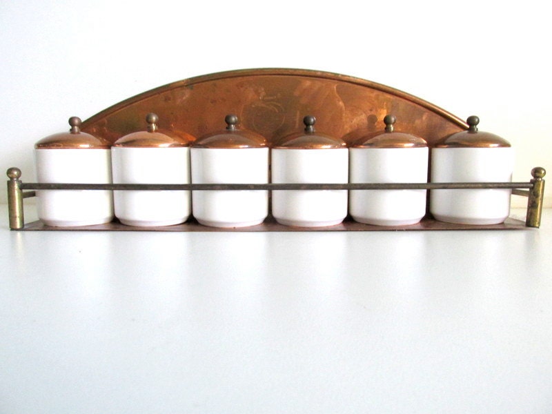 Vintage Copper Spice Rack with 6 Ceramic Spice Jars with