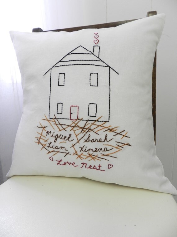 Love Nest Hand Embroidered Pillow Cover. House Warming. Wedding Gift