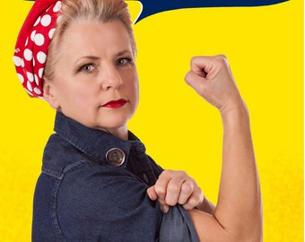 RtR-7. Riveting Rosie the Riveter Combo: BANDANA, EMPLOYMENT Badge/Collar Pin and RIVETS for Work, Party, Event Save on all 3. Retro Style