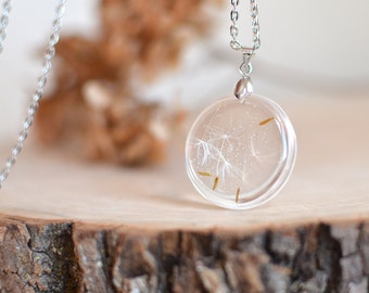 Dandelion necklace -resin jewelry, make a wish botanical necklace, gift under 35,