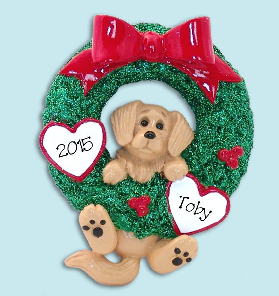 Golden Retriever PUPPY DOG Hanging in Wreath Hand Painted RESIN Personalized Christmas Ornament