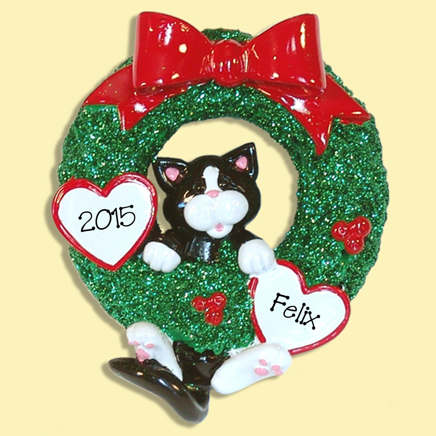 Black & White Tuxedo Christmas KITTY CAT in Wreath HANDMADE Polymer Clay Personalized Christmas Ornament