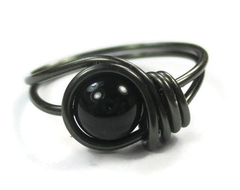 Black Onyx Ring - Gothic Jewelry - Custom Size Wire Wrapped Rings