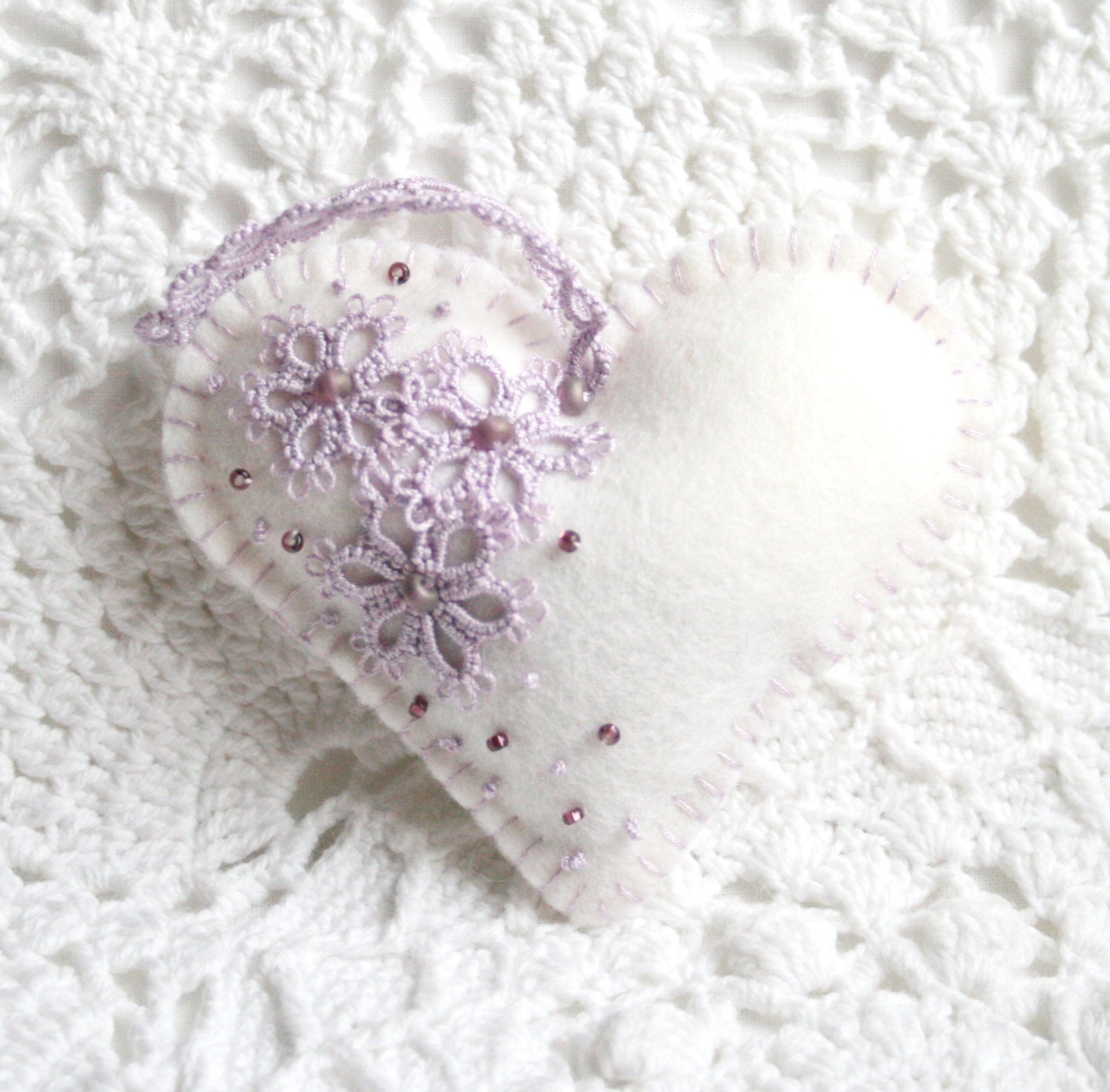 Heart Lavender Lilac and Lace Tatting Lace Heart Felt Sachets