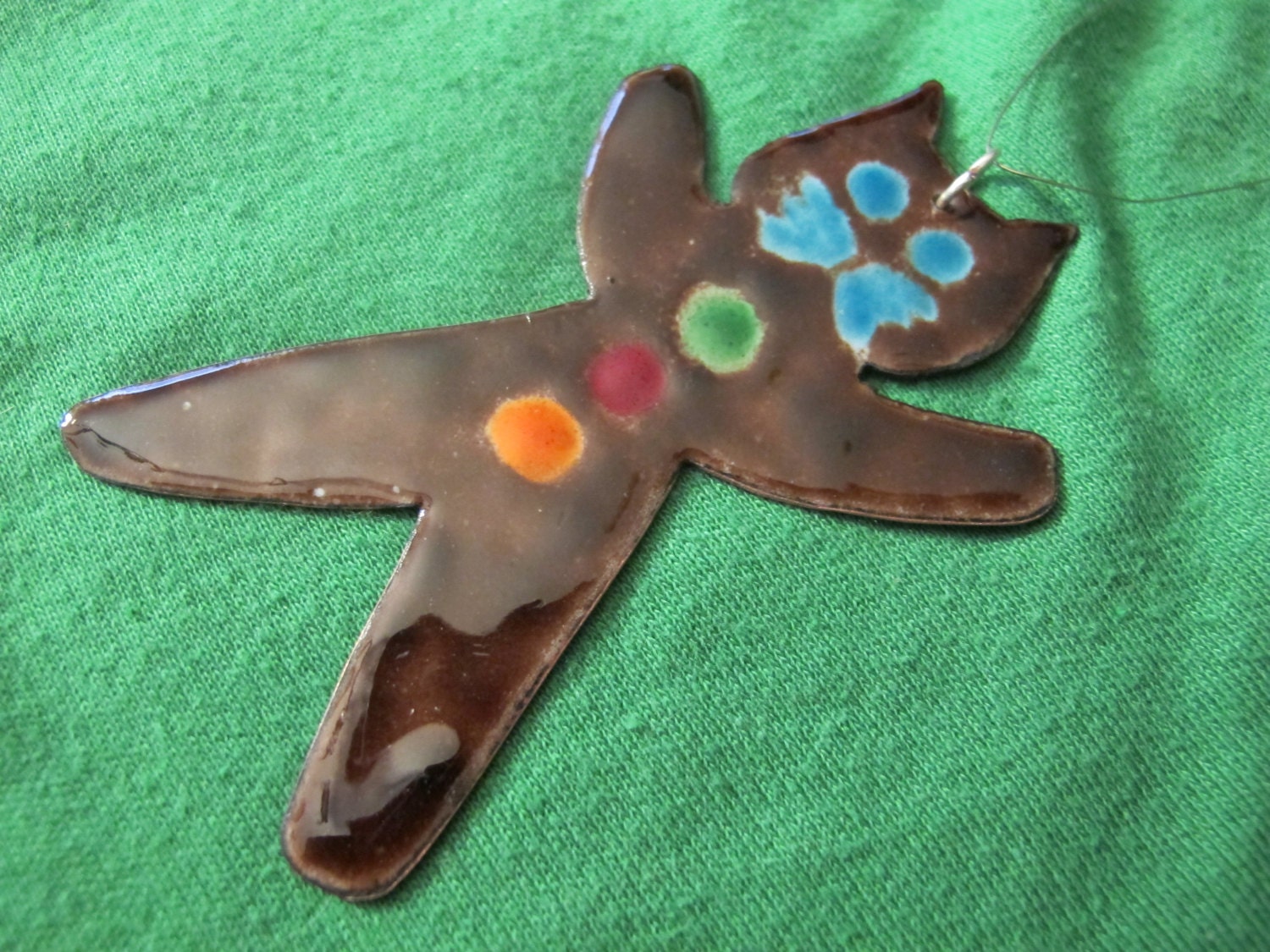 Christmas ornament handmade enamel gingerbread cat decoration, one of a kind, brown with blue whiskers