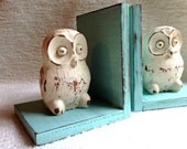 Owl on Robin's Egg Blue Book ends Shabby Vintage Distressed French Country