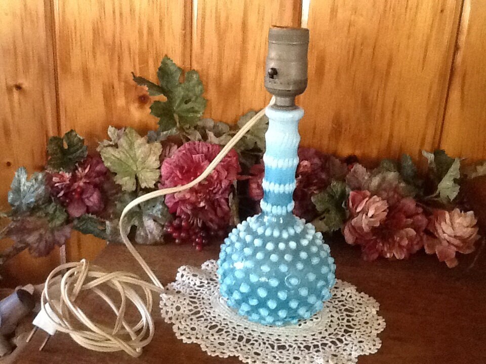 Fenton Electric Lamp Blue & White Opalescent Glass French Hobnail