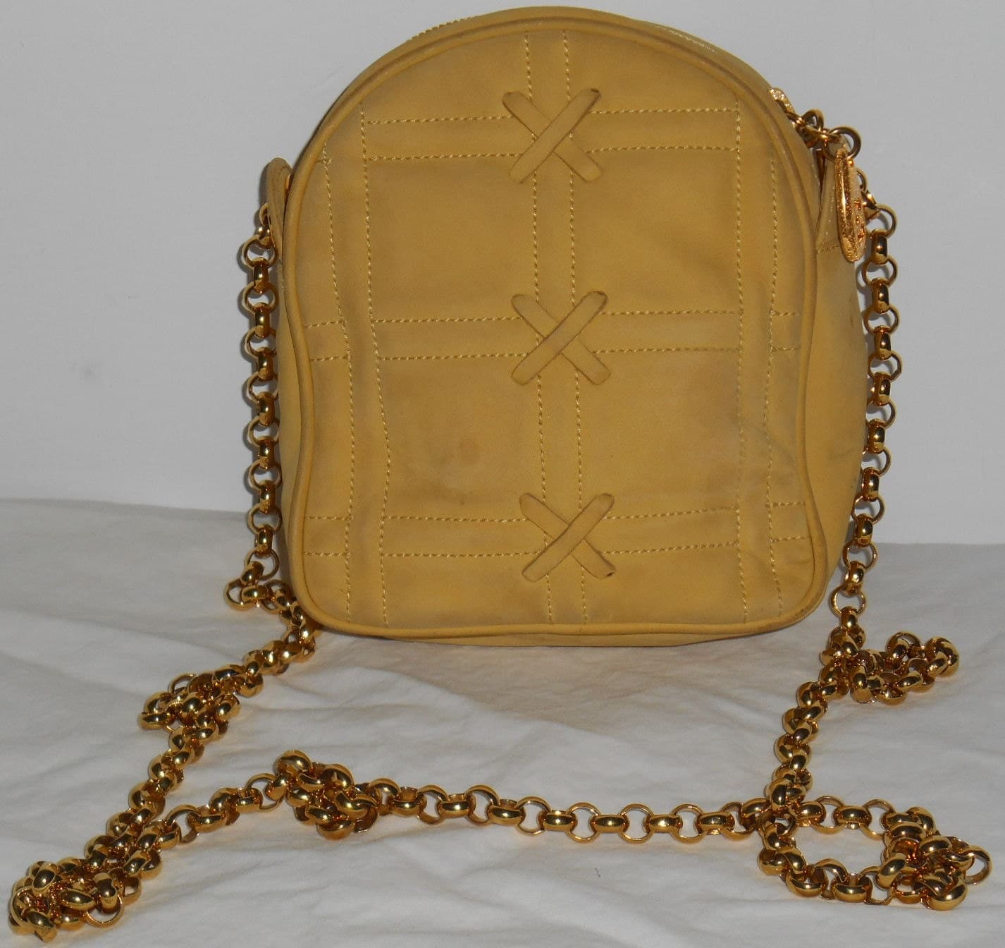 ESCADA Vintage HandBag Purse Suede Leather Gold Chain Yellow