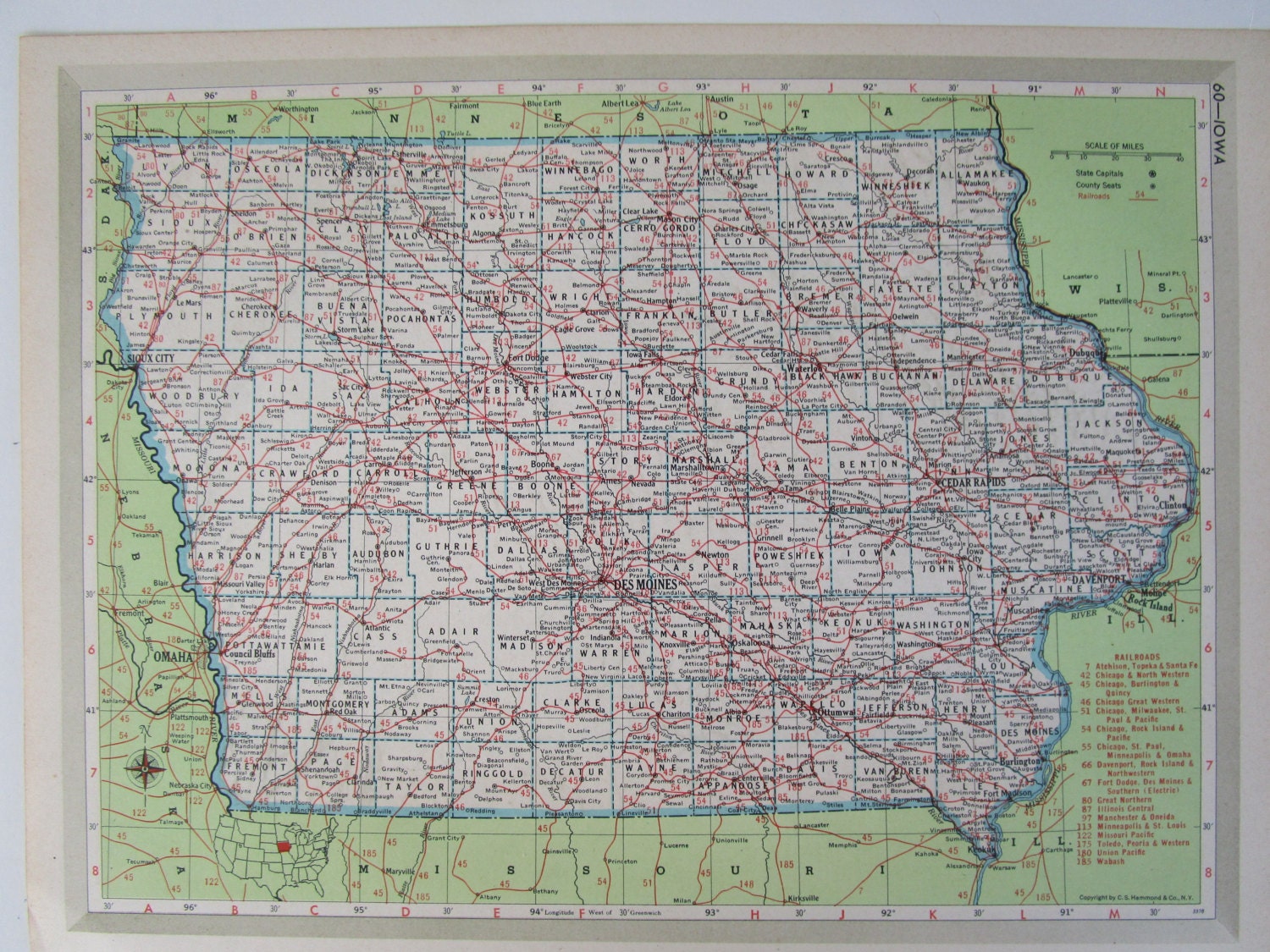 IA IN 1951 IOWA Railroad Map. 8x11.1950s Indiana Railroad Map.