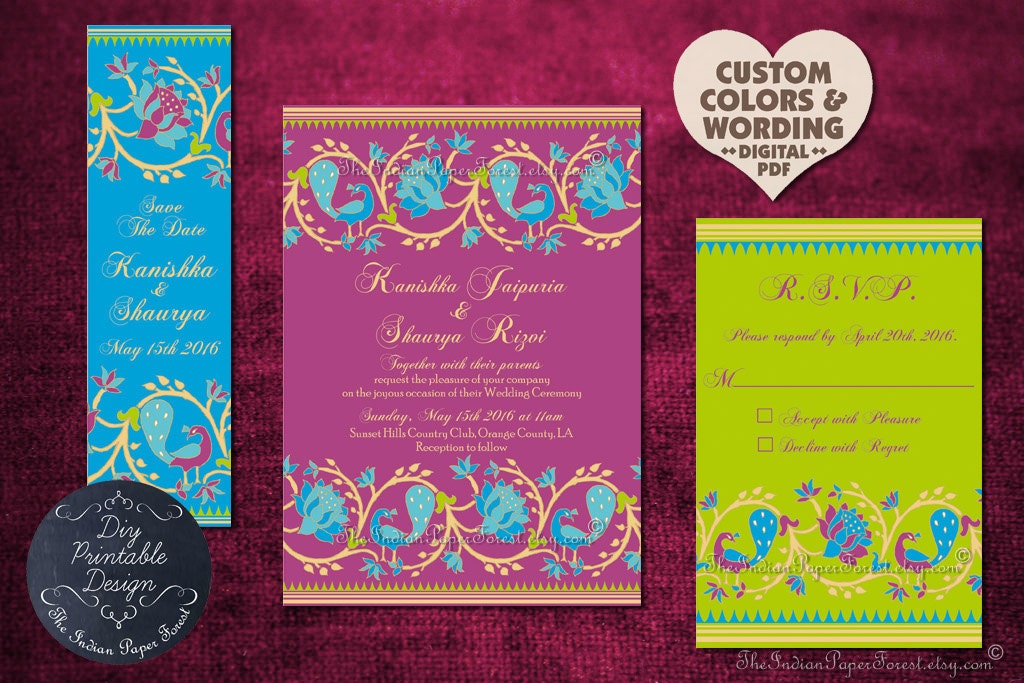 Diy Printable Paithani Lotus Peacock Wedding Invitation Suite Design Pdf Template Anniversary Engagement Party Ceremony Program Indian Card Onepaperheart Stationary Invitations