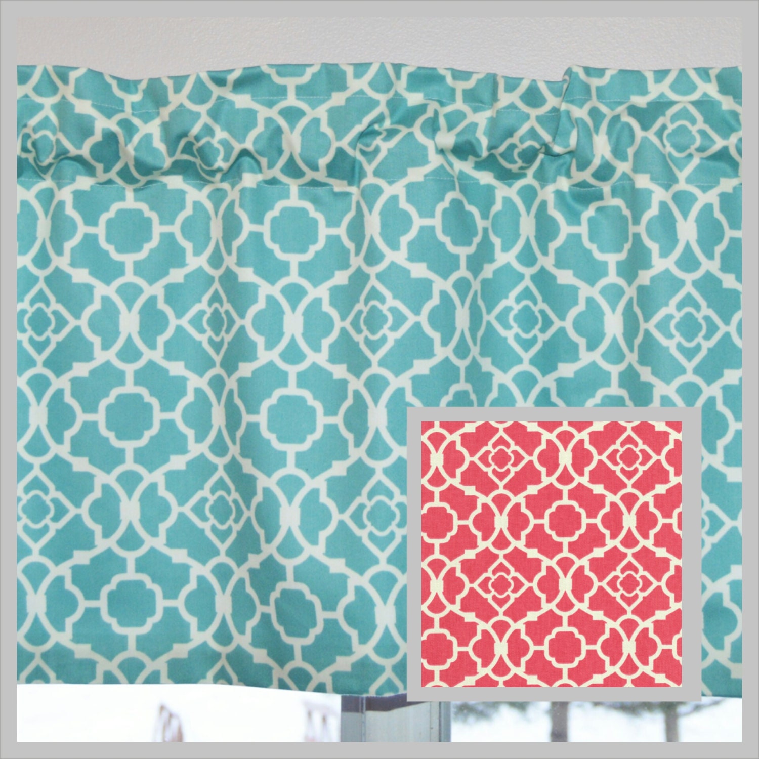 Kitchen Curtain / Valance . Aqua Blue or Coral . Lovely