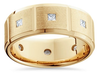 Men's 10K White Gold Wedding Ring With 6 Heat-Treated Blue Diamonds & Milgrain Detail - 6mm Wide, High Polished