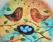 Spring Folk Art Painting Wood Plate -READY TO SHIP-Original Art Robins Nest Eggs Pastel Butterflies Pink Eggs Blue Yellow Peach Handpainted