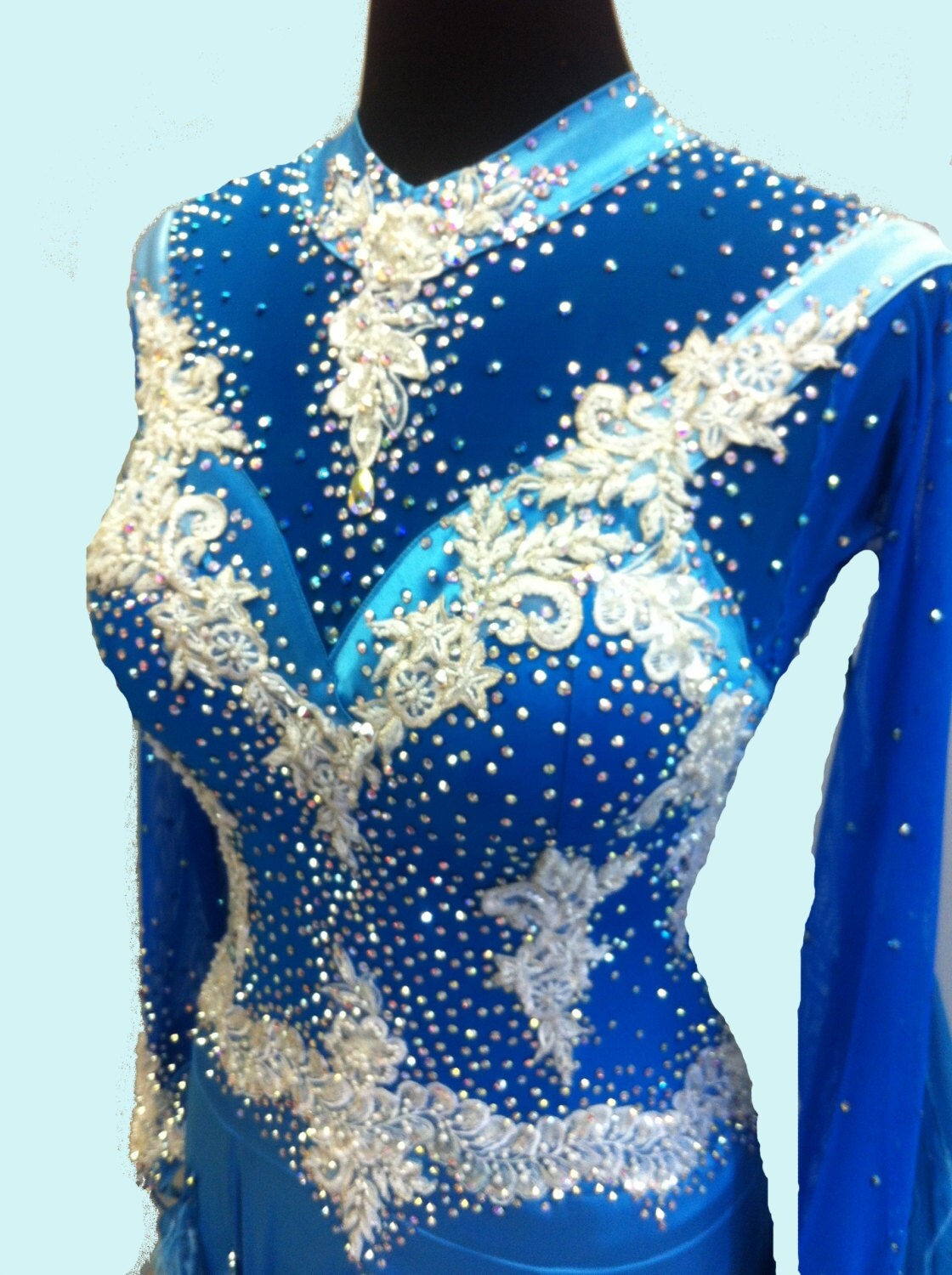 Blue Ballroom Dance Dress with Feathers