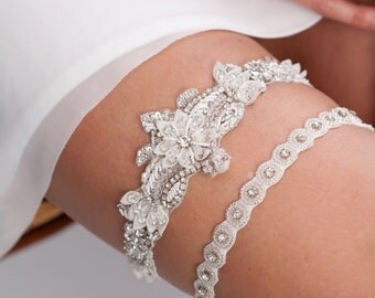 luxury beaded bridal garter set, wedding garter set - Oxana