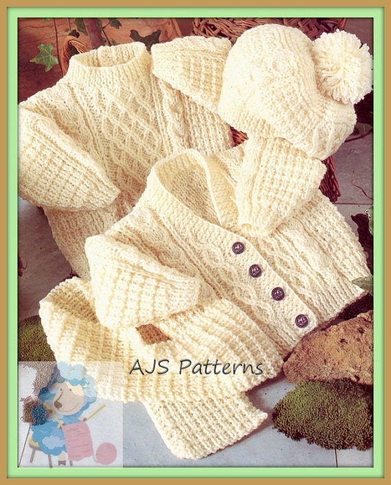 PDF Knitting Pattern for Aran Cardigan Sweater Hat & Scarf to
