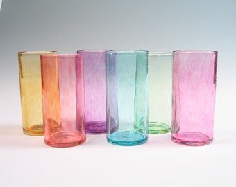 Water Glasses, Hand Blown Glassware, Glass Tumblers Set of 6, Transparent Seaglass Series, Holiday Decor Entertaining