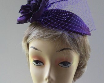 Woman's Hat, Woman's Fascinator, Fascinator, Purple Fascinator, Veil Fascinator, Flower Fascinator, Hand Made Flower Fascinator,