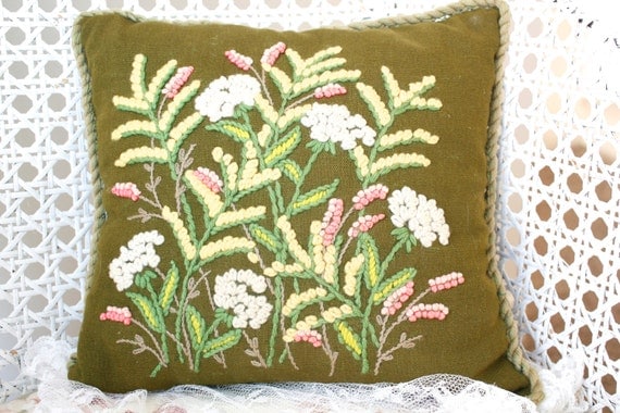 Vintage Shabby Chic Pillow Crewel Work Pillow Floral Throw