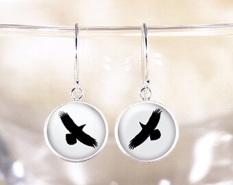 Sterling Silver Raven Earrings - Silver Bird Jewelry, Silver Dangle Earrings, Flying Bird Silhouette Earrings, Raven Jewelry, Bird Earrings