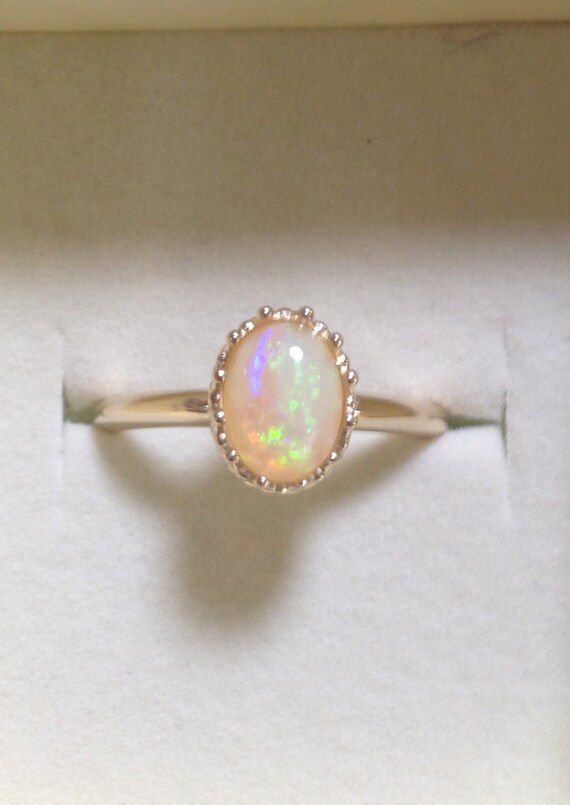 14K Genuine Australian Opal Ring Multicolor Opal Yellow Gold