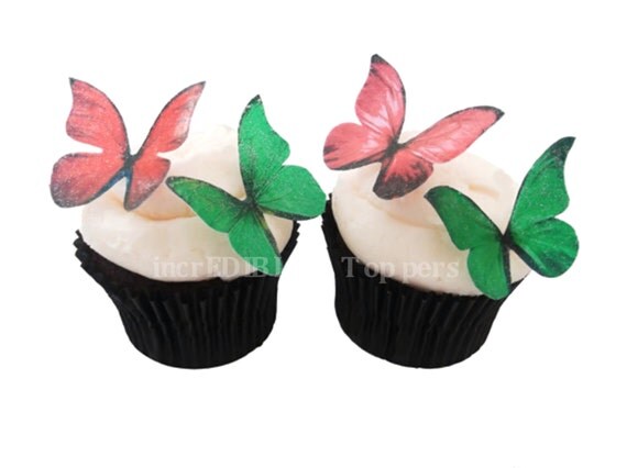Edible Butterflies CHRISTMAS HOLIDAY Decor - Edible Decorations in 24 Red and Green - Wedding Cake Toppers Il_570xn
